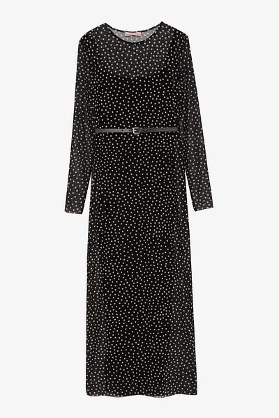 Quzu Polka Dot Transparent Midi Dress with Belt Accessories Black