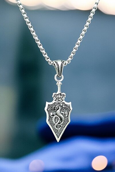 Men's Dragon Shaped Spearhead K-164 Stainless Kromix Steel Silver Plated Pendant Medallion