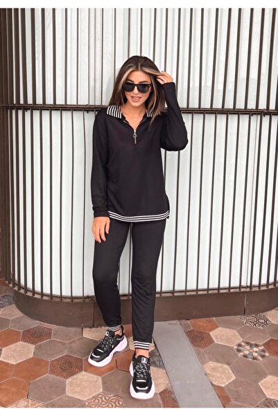 Modayakamoz Γυναικεία μακρυμάνικη μπλούζα με ραβδώσεις και φερμουάρ και ψηλόμεσο παντελόνι 2 τεμαχίων