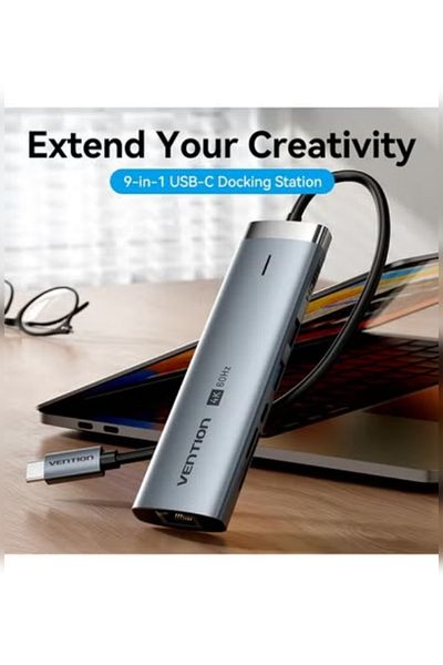 Vention 9-in-1 USB-C Docking Station 0.15M,4K@60Hz HDMI, 5Gbps USB, Gigabit Ethernet, SD/TF Reader