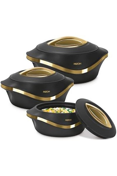 Milton Pearl Stainless Steel Regular Casserole Set of 3 (860ml, 1.27L, 1.97L) - Black