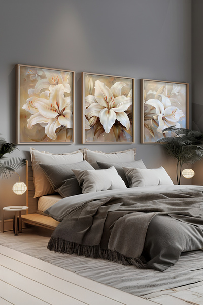 STARYUNA Ahşap Çerçeveli Beyaz Zambaklı Çiçekli Yağlıboya Efektli Üçlü Tablo ...