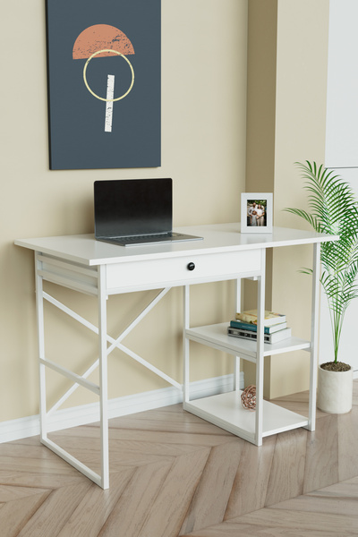 Hediyeler Kapında Çekmeceli Ve 2 Raflı Çalışma Masası 110x60 Cm Beyaz-Beyaz M...