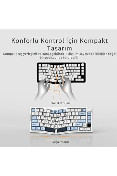 Coverzone Ajazz AKS-075 Ergonomik Tasarım, TFT Ekranlı 3 Modlu Mekanik Klavye Mavi - Gift Switch