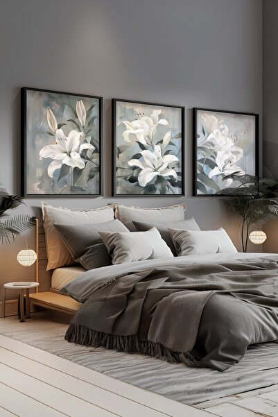 STARYUNA Slika uljanim bojama sa efektom belog ljiljana, crna drvena uokviren...