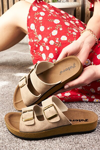 Nstil Daily Women - Men Double Buckle Banded Patterned Cork Sole Slippers 245 - 77734 - 34132