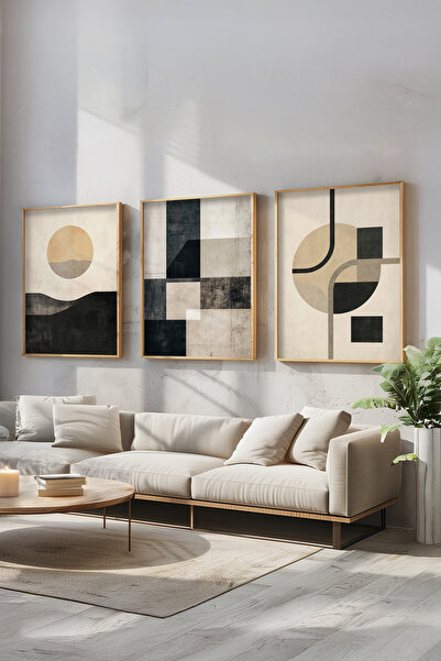 STARYUNA Ahşap Çerçeveli Minimalist Geometrik Desenli Üçlü Modern Tablo Seti,...