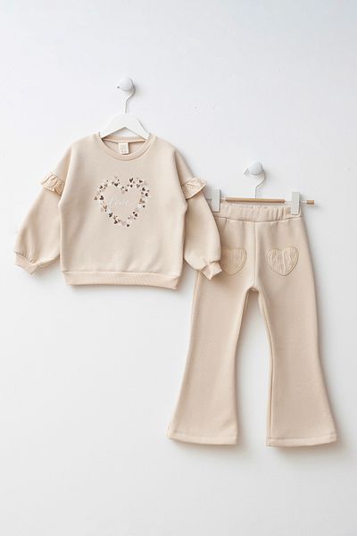 Minipodyum Printed Heart Detailed Pocketed Girl's Top and Bottom Set