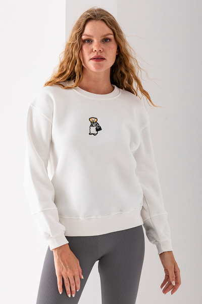 GİYSA Hanorac de damă cu decolteu circular și broderie ursuleț cu 3 fire alb ...