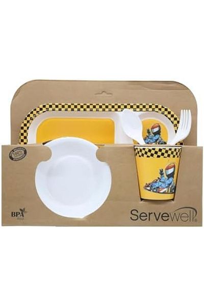 Servewell Melamine Kids 5-Pcs Set – 11" Plate, 5.5" Bowl, 3.2"x2.2" Tumbler, 6.3" Spoon & Fork