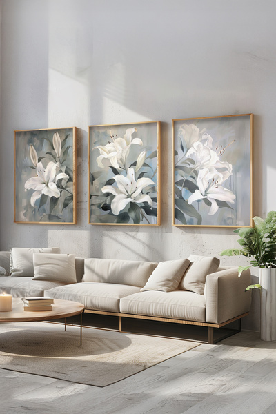 STARYUNA Ahşap Çerçeveli Beyaz Zambak Desenli Yağlıboya Efektli Üçlü Çiçekli ...