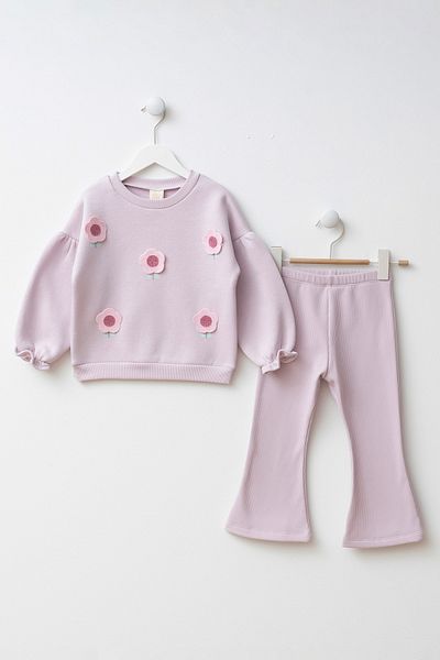 Minipodyum Girls' Bottom Top Set with Car Flower Embroidery Spanish Leggings