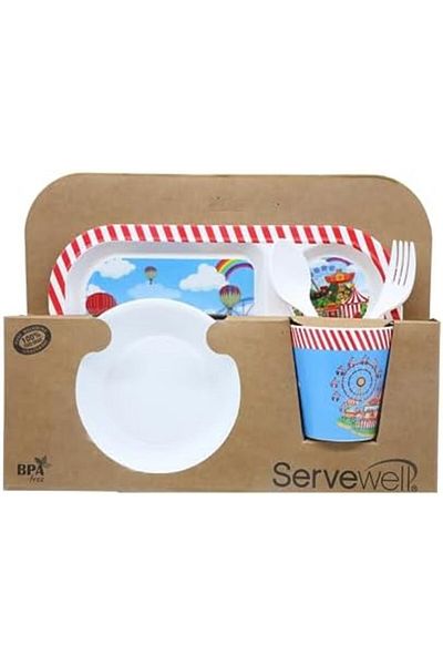 Servewell Melamine Kids 5-Pcs Set – 11" Plate, 5.5" Bowl, 3.2"x2.2" Tumbler, 6.3" Spoon & Fork