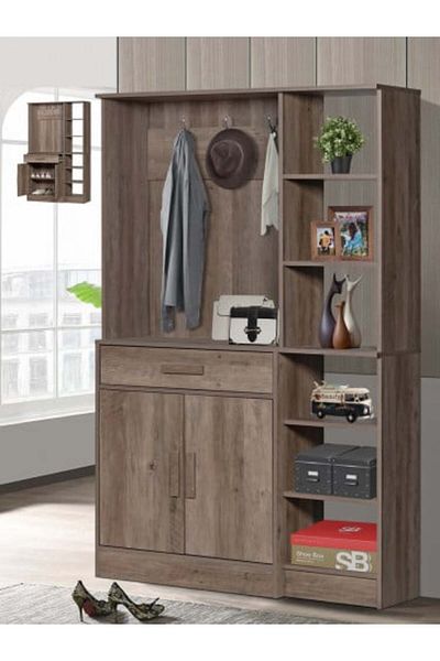 BAITY Entrance Cabinet with 6 Shelves, Shoe Cabinet, and Hanging Stand - Malaysian Wood, Brown
