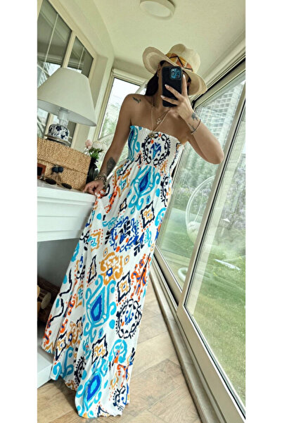 Butik GİPELİ TASARIM DESENLİ STRAPLEZ ELBİSE