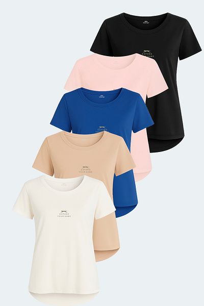 Slazenger Viraj Set of 5 Women's T-Shirts Ecru - Black - Beige - Fuchsia - Saks Blue