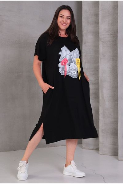 Şans Women's Plus Size Black, Low Sleeve, Shoes Pattern Ornamental Lace-Up Pocket Dress 65N39075
