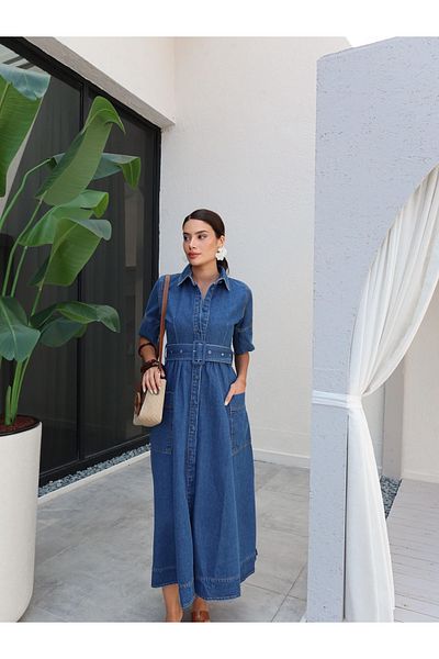 ESRAHELVACI Shirt Collar Belt Pocket Detail Denim Dress