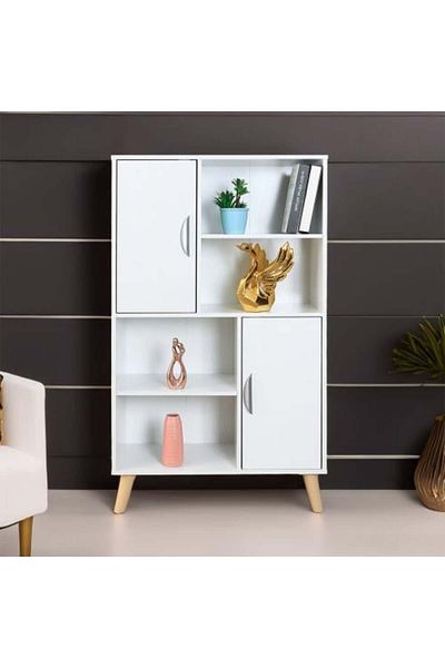 BAITY Wooden Bookshelf with 4 Shelves and 2 Drawers - White