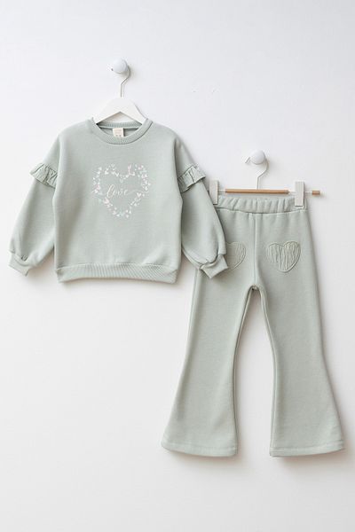 Minipodyum Printed Heart Detailed Pocketed Girl's Top and Bottom Set