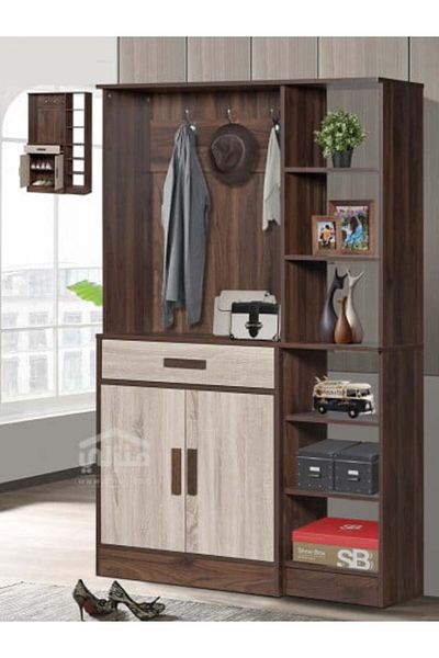 BAITY Integrated Storage Unit with 6 Shelves, Shoe Cabinet, and Hanging Stand, Malaysian Wood, Brown and W