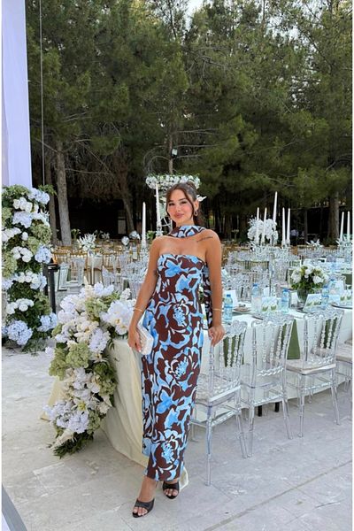 ForOus Patterned Strapless Satin Dress with Elastic Chest, Scarf and Zipper Back Window Detail