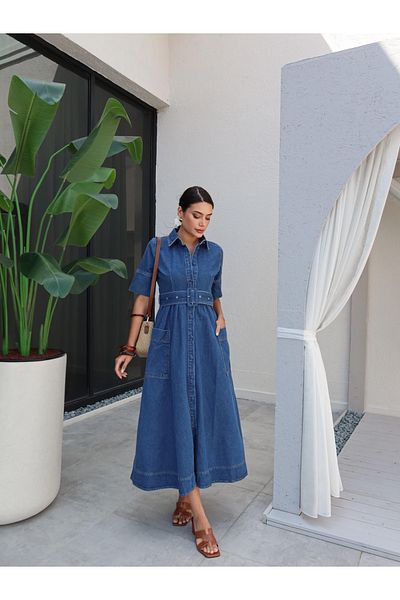 ESRAHELVACI Shirt Collar Belt Pocket Detail Denim Dress