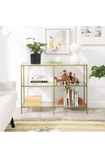 VASAGLE Entrance table, 3-tier, tempered glass top, metal frame, 30x100x73cm, gold