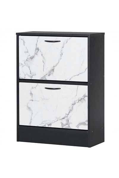 BAITY Two-storey shoe cabinet made of Malaysian wood in black with beautiful white marble