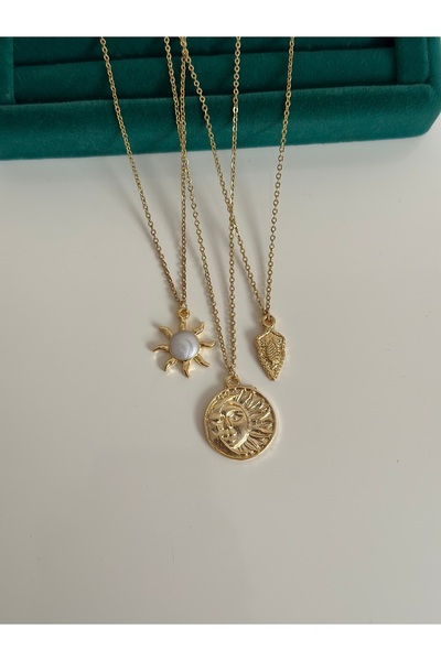 MİOSA Antik Güneş Üçlü Çelik Kolye Seti
