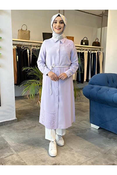 Zühre Shirt Collar Lace Detail Long Lavender Tunic T-1451