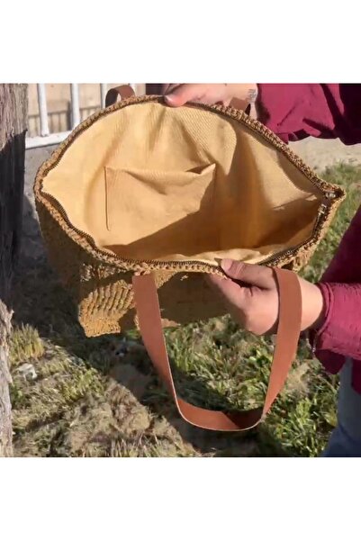 meSga butik Hand Organ Straw Bag with Coffee Color Lining