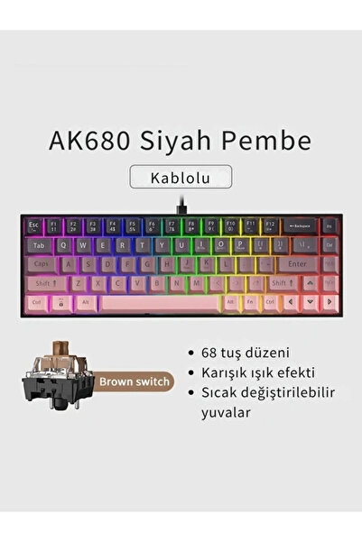 Coverzone 65% Kablolu Hotswap Mekanik Oyun Klavyesi,68 Tuşlu Anti-Ghosting AJAZZ AK680 Pembe | Brown Switch