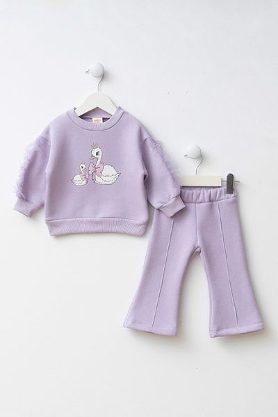 Minipodyum Printed Sleeves Tulle Detailed Baby Girl Top and Bottom Set