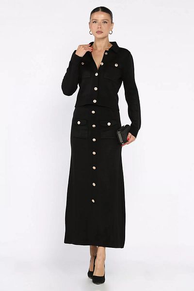 GÜLSELİ Black Button Detailed Cardigan Skirt Knitwear Double Set