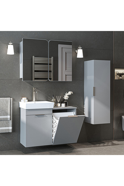 ROOMART Dubai Mdflam Sepetli Banyo Dolabı Seti, Lavabolu Alt Dolap + Aynalı Banyo Üst Dolabı + Boy Dolabı