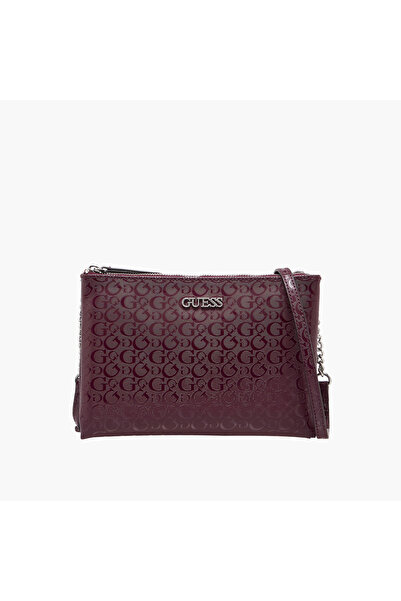 Guess Tidewood Monogram Embossed Crossbody Bag with Chain Accented Strap and Zip Closure