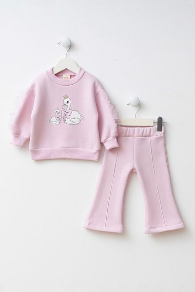 Minipodyum Printed Sleeves Tulle Detailed Baby Girl Top and Bottom Set