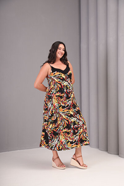 Şans Women's Plus Size Colorful, Roba Garni Detailed, Patterned, Rope Strap Long Dress 65N39080