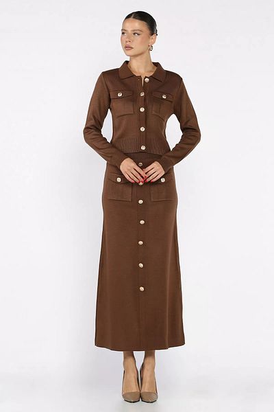 GÜLSELİ Brown Button Detailed Cardigan Skirt Knitwear Double Set