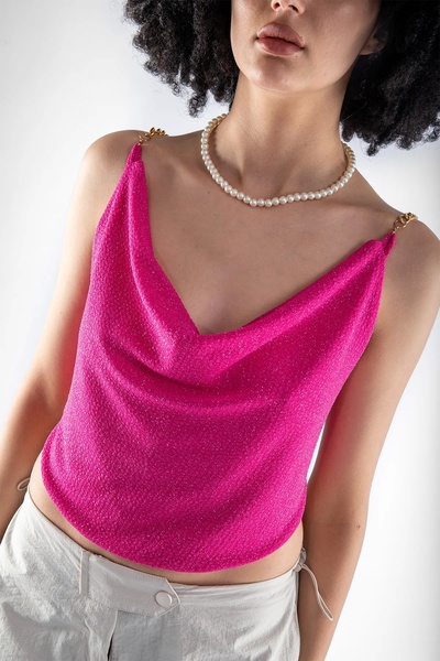 Bak Moda Къса блуза с пайети в цвят фуксия, с открити рамене и гръб