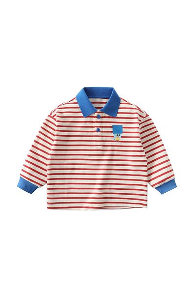 L&Wen Boys Striped Contrast Polo Shirt Cartoon Print Red 90 (2-3 Years)
