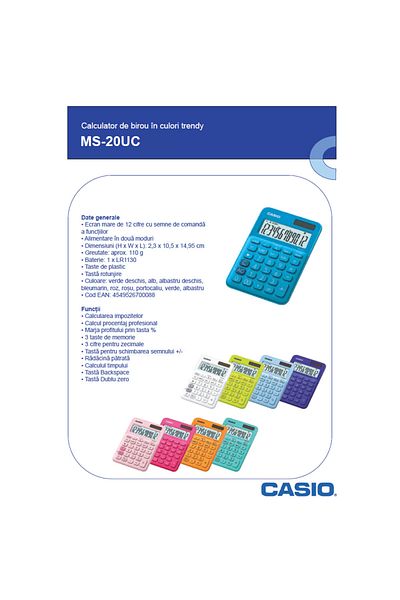 Casio MS-20UC 12-digit desktop calculator, white
