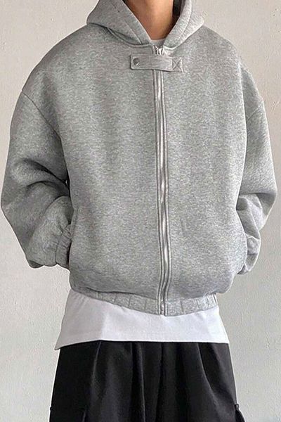 North London Men's Front Buttoned Zippered Three Thread Raised Gray Oversize Sweatshirt