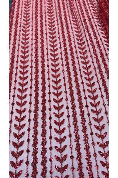 Safir Kumaş Abiyelik Taş ve Boncuk İşlemeli Kırmızı Danteller 2.5 Metre ( Alt...