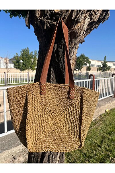 meSga butik Hand Organ Straw Bag with Coffee Color Lining