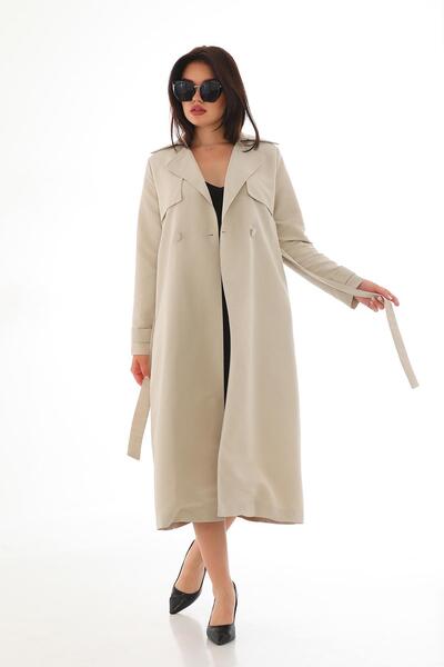 Genel Markalar Düğmeli ve Kuşaklı Trençkot Taş