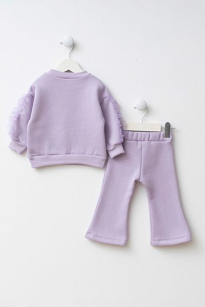 Minipodyum Printed Sleeves Tulle Detailed Baby Girl Top and Bottom Set
