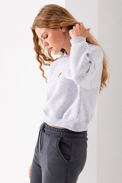 GİYSA Women's Crew Neck Glasses Bear Embroidered 3-Strand Crop Sweatshirt Gray - 2671
