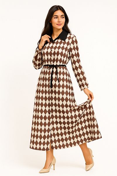 dorbe harlequin diamond print long sleeve button-down belted waist contrast collar maxi shirt dress